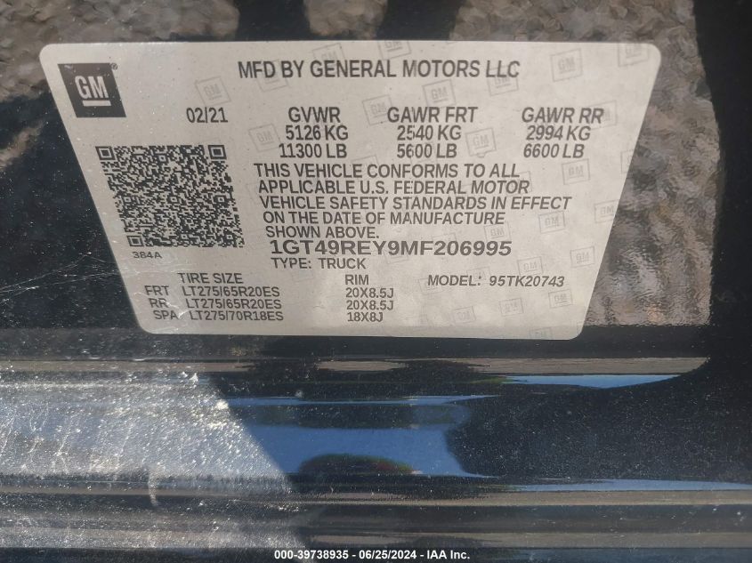 2021 GMC Sierra 2500Hd Denali VIN: 1GT49REY9MF206995 Lot: 39738935