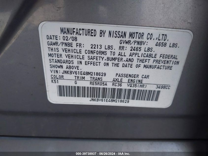 2008 Infiniti G35 Journey VIN: JNKBV61E48M218629 Lot: 39738937