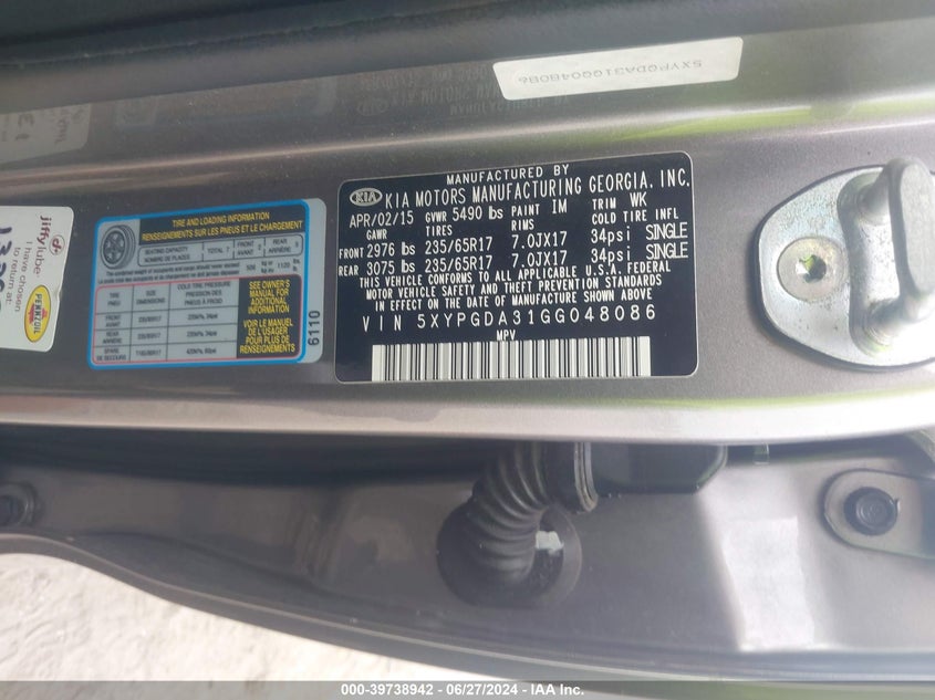 2016 Kia Sorento 2.4L Lx VIN: 5XYPGDA31GG048086 Lot: 39738942