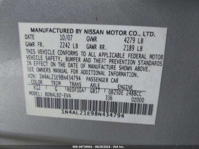 2008 Nissan Altima 2.5 S VIN: 1N4AL21E98N434794 Lot: 39738943