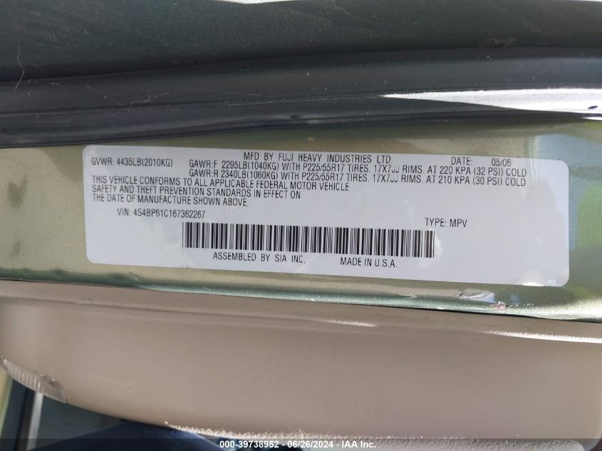 2006 Subaru Outback 2.5I VIN: 4S4BP61C167362267 Lot: 39738952