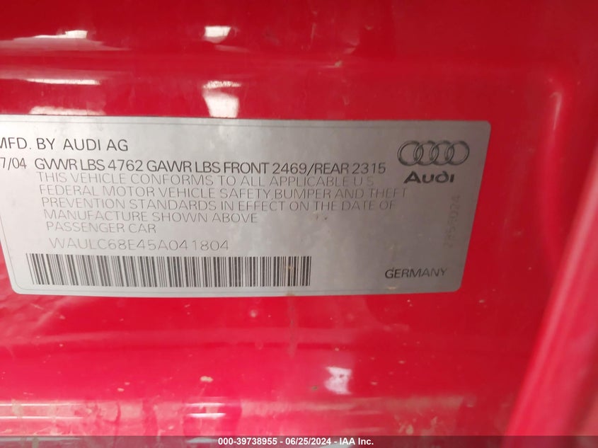 2005 Audi A4 1.8T/1.8T Special Edition VIN: WAULC68E45A041804 Lot: 39738955