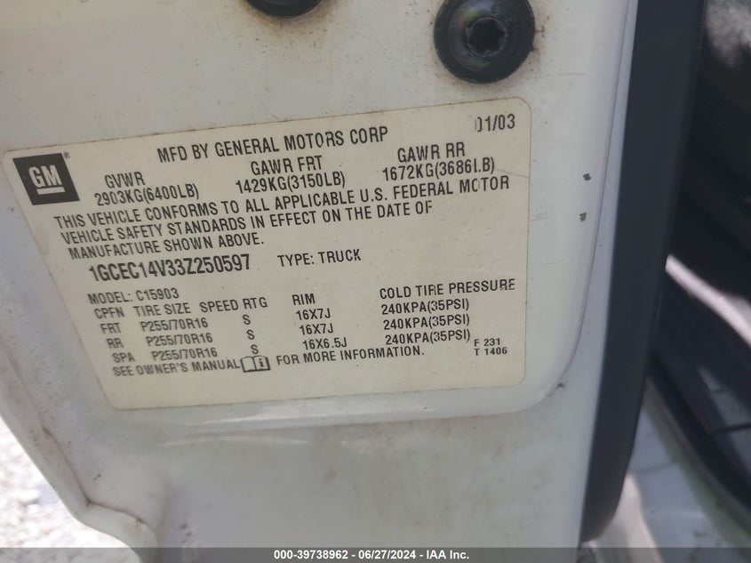 2003 Chevrolet Silverado 1500 Ls VIN: 1GCEC14V33Z250597 Lot: 39738962