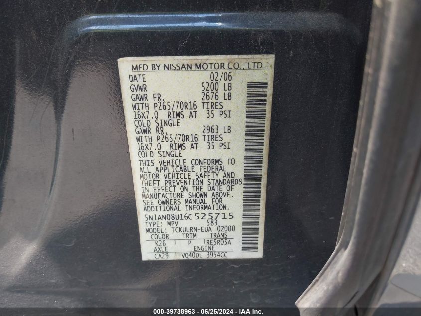2006 Nissan Xterra S VIN: 5N1AN08U16C525715 Lot: 39738963