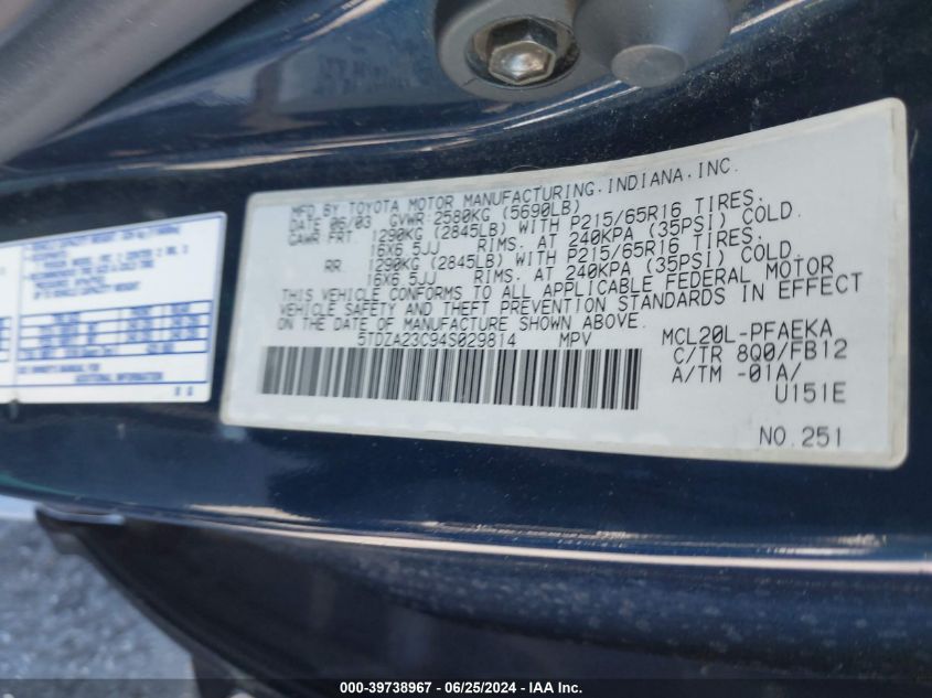2004 Toyota Sienna Le VIN: 5TDZA23C94S029814 Lot: 39738967