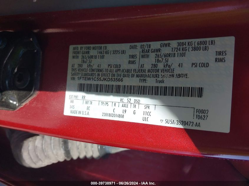 2018 Ford F-150 Supercrew VIN: 1FTEW1C55JKD53566 Lot: 39738971
