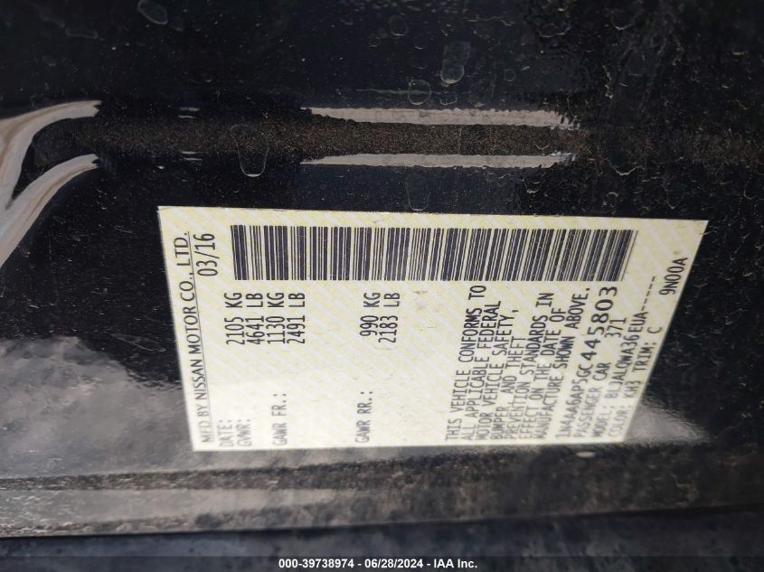 2016 Nissan Maxima 3.5S/Sv/Sl/Sr/Plat VIN: 1N4AA6AP5GC445803 Lot: 39738974