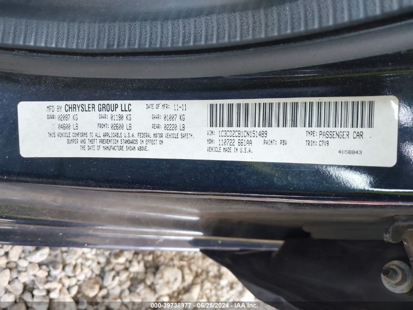 2012 Dodge Avenger Sxt VIN: 1C3CDZCB1CN151489 Lot: 39738977