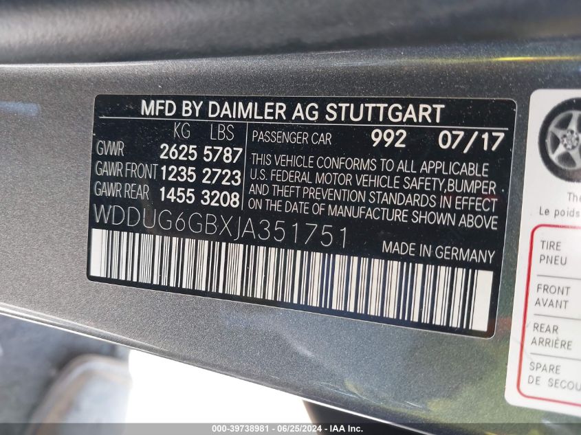 2018 Mercedes-Benz S 450 4Matic VIN: WDDUG6GBXJA351751 Lot: 39738981