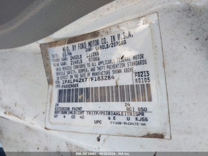 1996 Ford Mustang Gt VIN: 1FALP42X7TF183284 Lot: 39738983