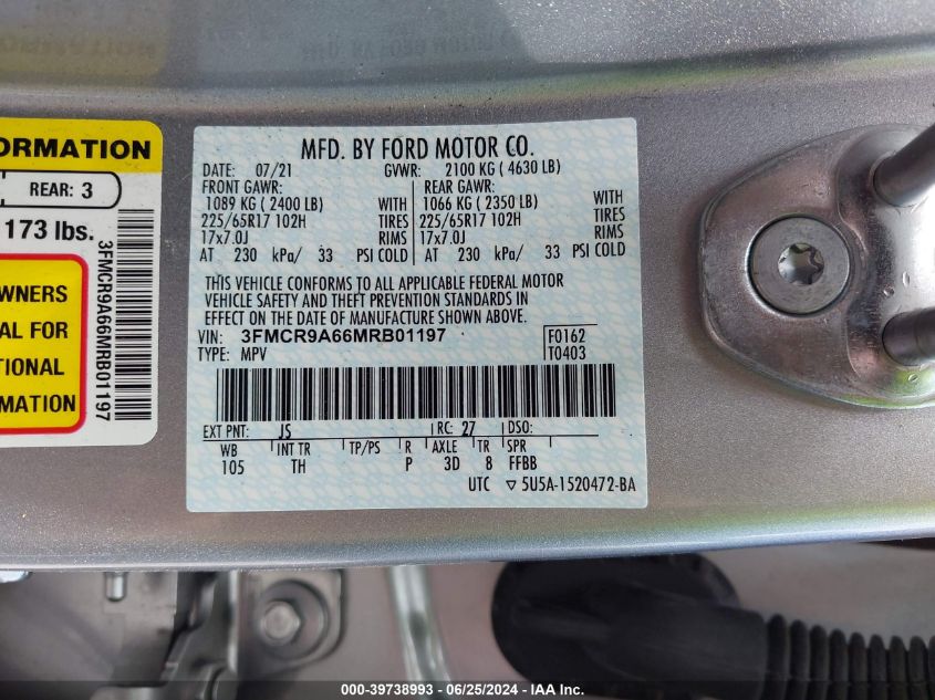 2021 Ford Bronco Sport VIN: 3FMCR9A66MRB01197 Lot: 39738993