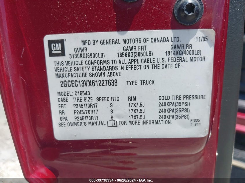 2006 Chevrolet Silverado 1500 Ls VIN: 2GCEC13VX61227638 Lot: 39738994
