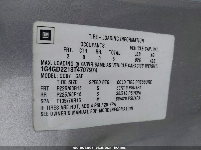 1996 Buick Riviera VIN: 1G4GD2218T4707974 Lot: 39738998