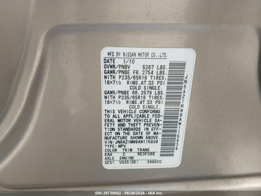 2010 Nissan Murano S/Sl/Le VIN: JN8AZ1MW9AW115939 Lot: 39739002