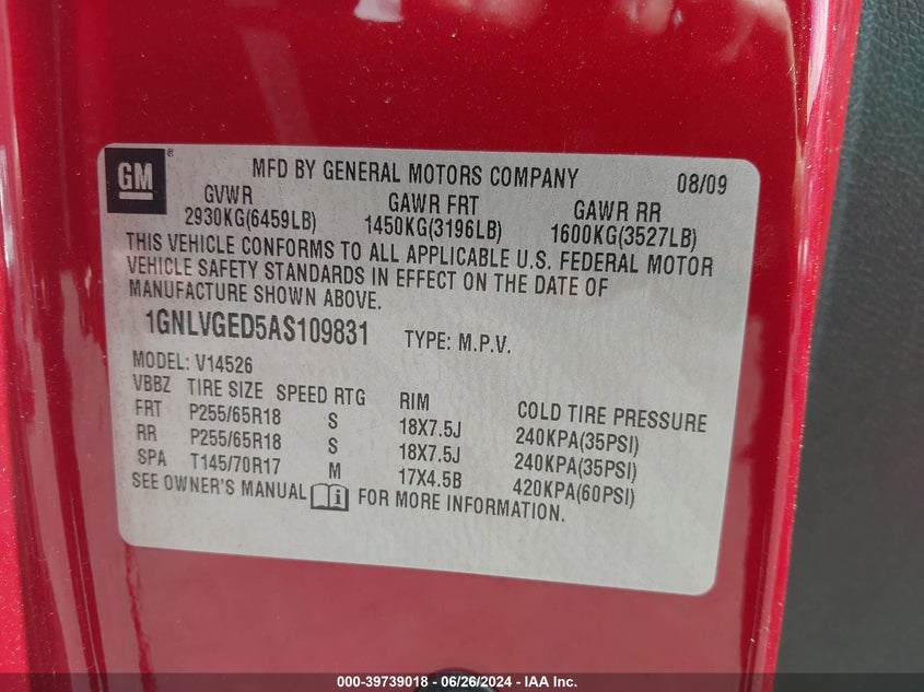 2010 Chevrolet Traverse Lt VIN: 1GNLVGED5AS109831 Lot: 39739018