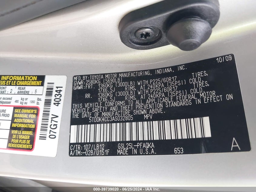 2010 Toyota Sienna Limited VIN: 5TDDK4CC3AS032805 Lot: 39739020