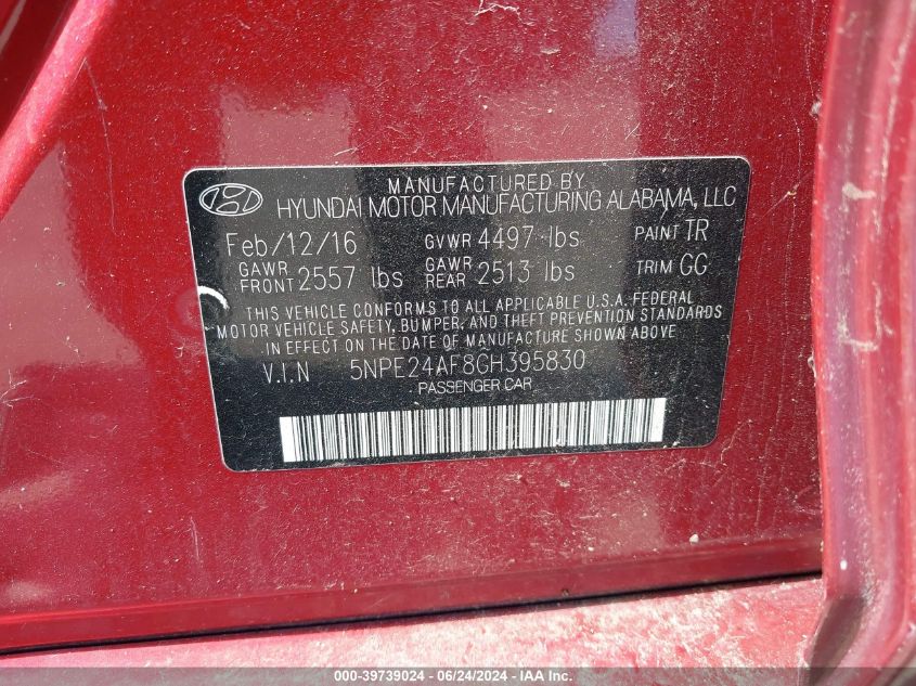 2016 Hyundai Sonata VIN: 5NPE24AF8GH395830 Lot: 39739024
