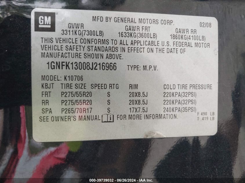 2008 Chevrolet Tahoe K1500 VIN: 1GNFK13008J216966 Lot: 39739032