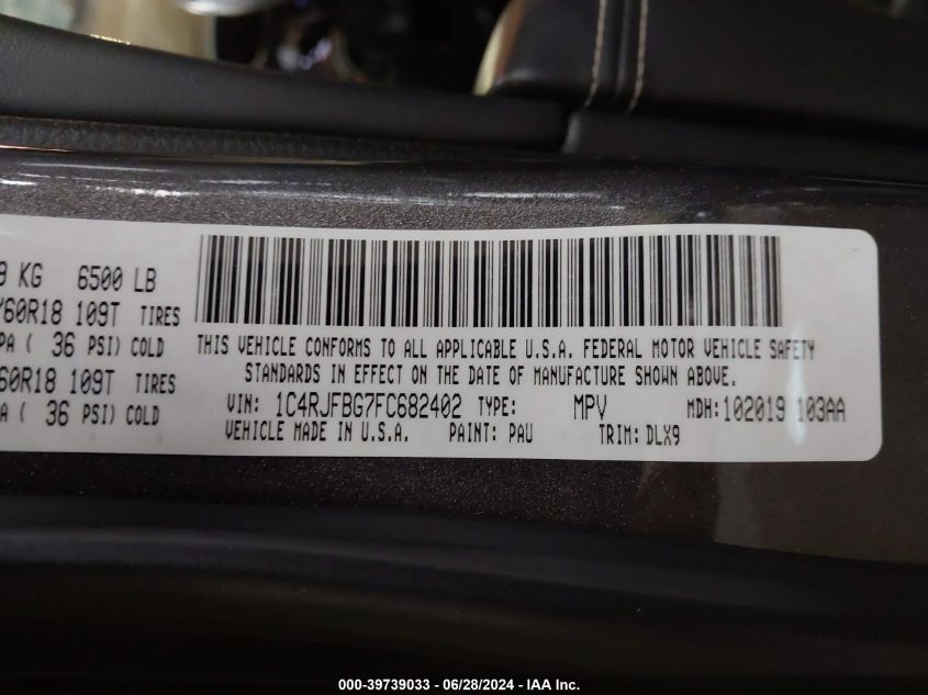 2015 Jeep Grand Cherokee Limited VIN: 1C4RJFBG7FC682402 Lot: 39739033