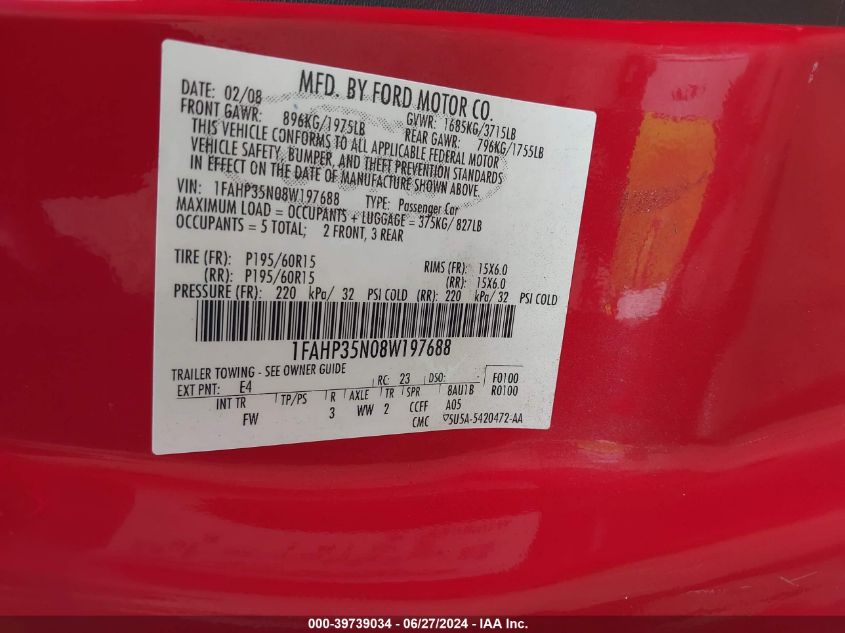 2008 Ford Focus Se/Ses VIN: 1FAHP35N08W197688 Lot: 39739034