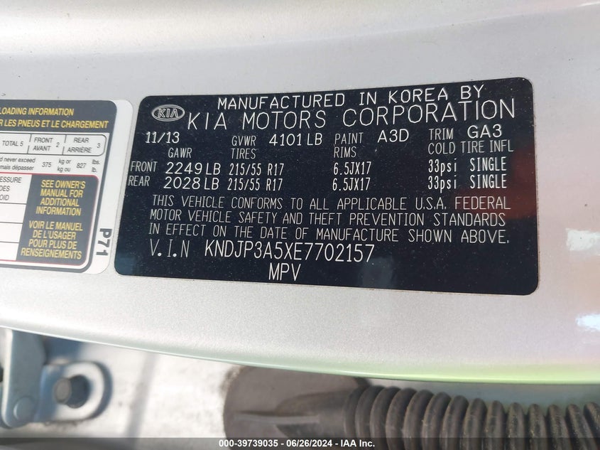 2014 Kia Soul + VIN: KNDJP3A5XE7702157 Lot: 39739035