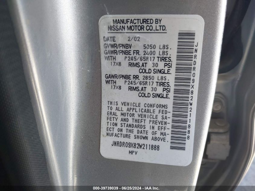 2002 Infiniti Qx4 Luxury VIN: JNRDR09X82W211888 Lot: 39739039