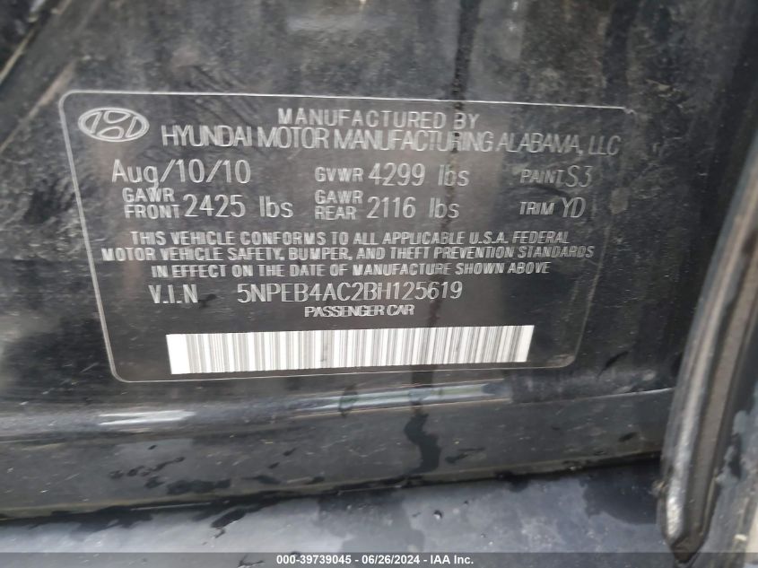 5NPEB4AC2BH125619 2011 Hyundai Sonata Gls