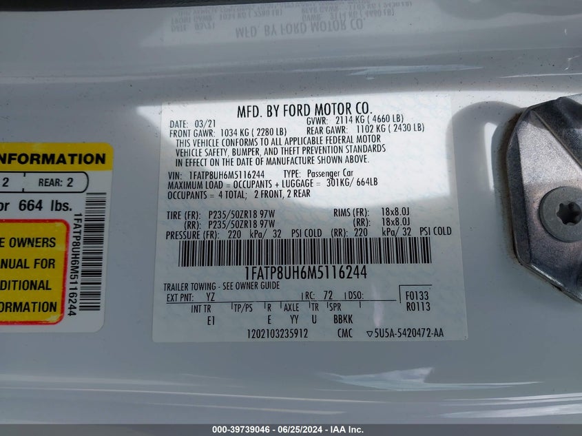 VIN 1FATP8UH6M5116244 2021 FORD MUSTANG ECOBOOST PREMIUM