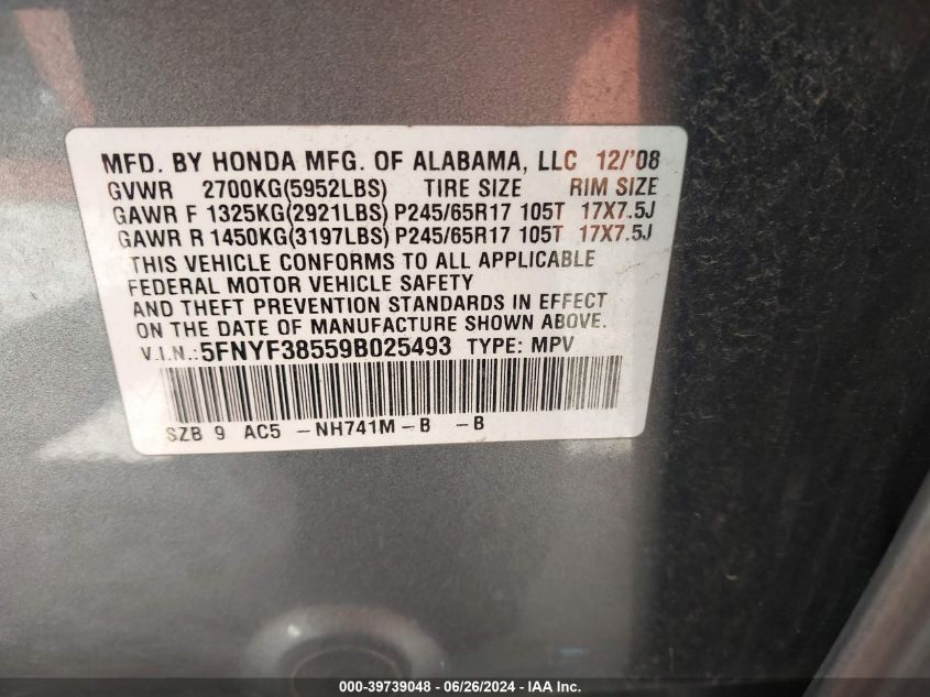 2009 Honda Pilot Ex-L VIN: 5FNYF38559B025493 Lot: 39739048