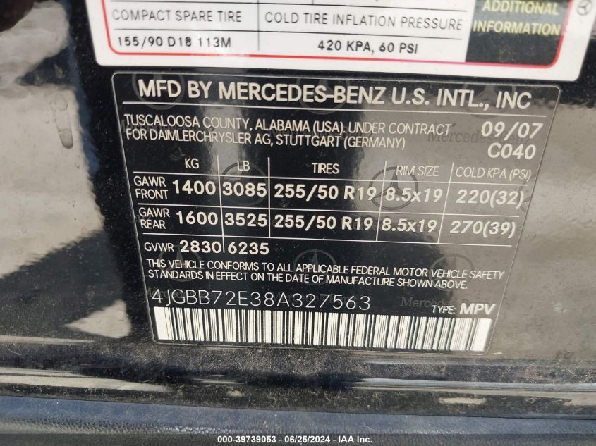 2008 Mercedes-Benz Ml 550 VIN: 4JGBB72E38A327563 Lot: 39739053