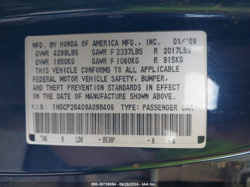 2009 Honda Accord Lxp VIN: 1HGCP26409A098406 Lot: 39739054
