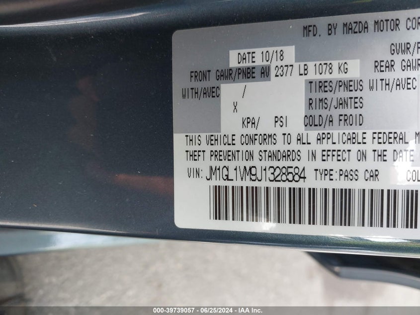 2018 Mazda Mazda6 Touring VIN: JM1GL1VM9J1328584 Lot: 39739057