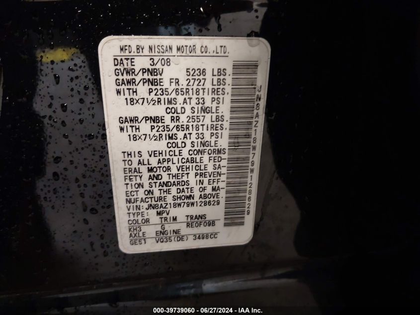 2009 Nissan Murano S VIN: JN8AZ18W79W128629 Lot: 39739060