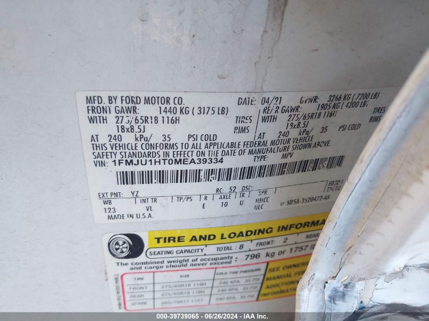 2021 Ford Expedition Xlt VIN: 1FMJU1HT0MEA39334 Lot: 39739065