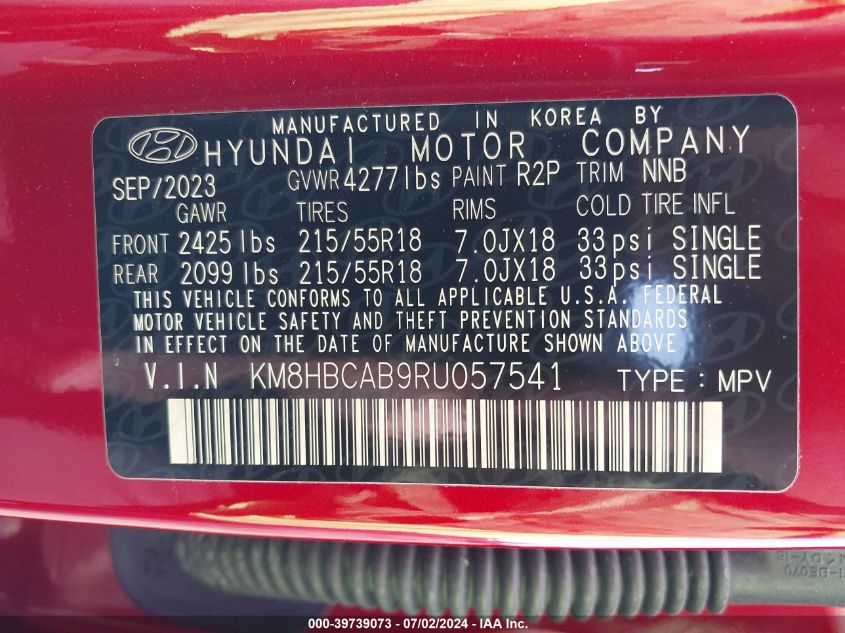 2024 Hyundai Kona Sel VIN: KM8HBCAB9RU057541 Lot: 39739073