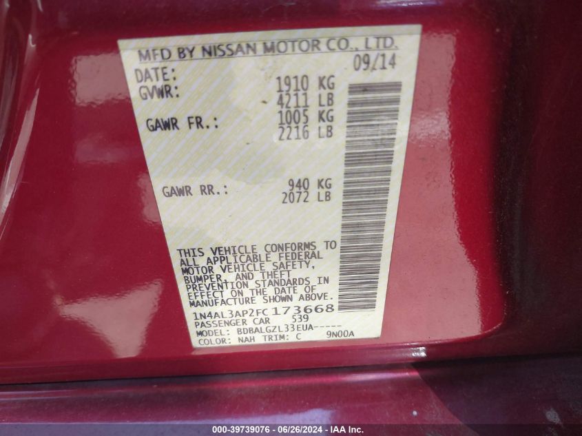 1N4AL3AP2FC173668 2015 Nissan Altima 2.5 S