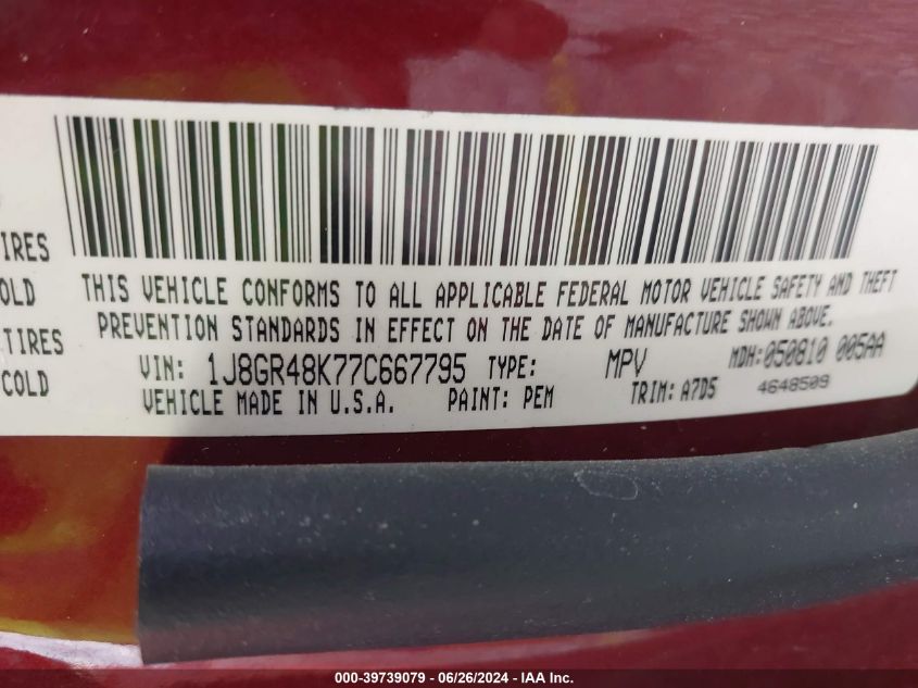 2007 Jeep Grand Cherokee Laredo/Columbia/Freedom VIN: 1J8GR48K77C667795 Lot: 39739079