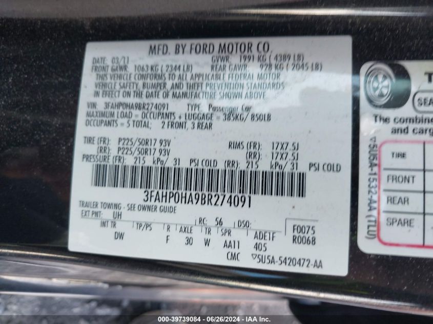 2011 Ford Fusion Se VIN: 3FAHP0HA9BR274091 Lot: 39739084