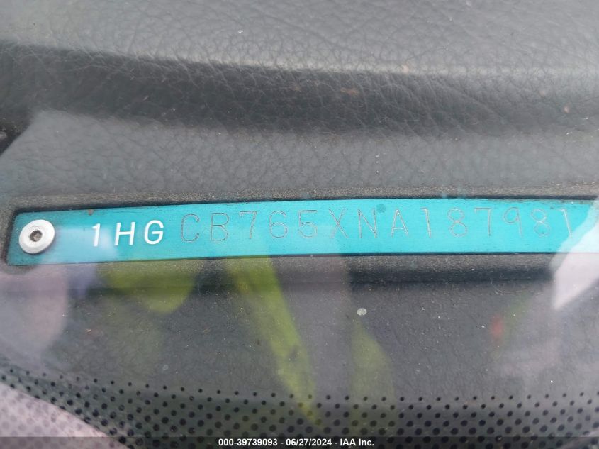 1992 Honda Accord Lx VIN: 1HGCB765XNA187981 Lot: 39739093