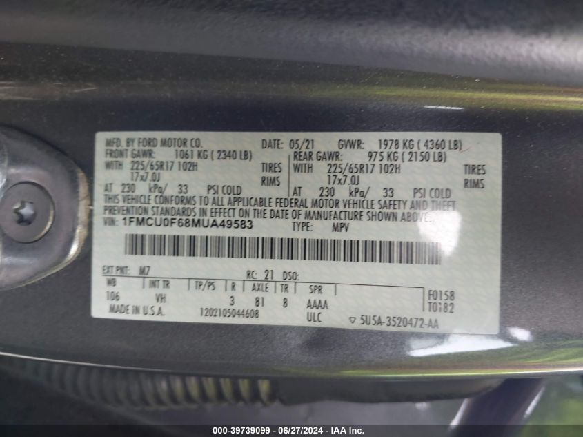 2021 FORD ESCAPE S - 1FMCU0F68MUA49583