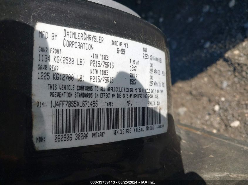 1998 Jeep Cherokee Classic/Sport VIN: 1J4FJ68S2WL178316 Lot: 39739113