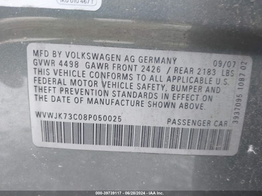 2008 Volkswagen Passat Turbo VIN: WVWJK73C08P050025 Lot: 39739117