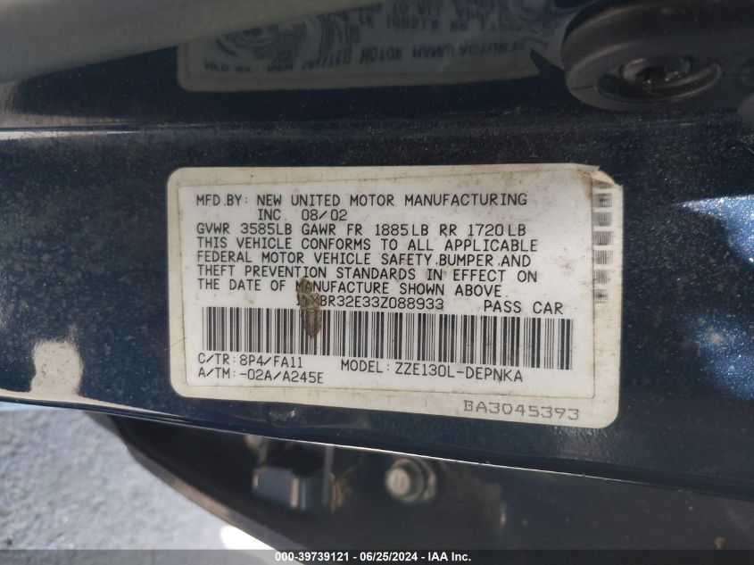 2003 Toyota Corolla Le VIN: 1NXBR32E33Z088933 Lot: 39739121