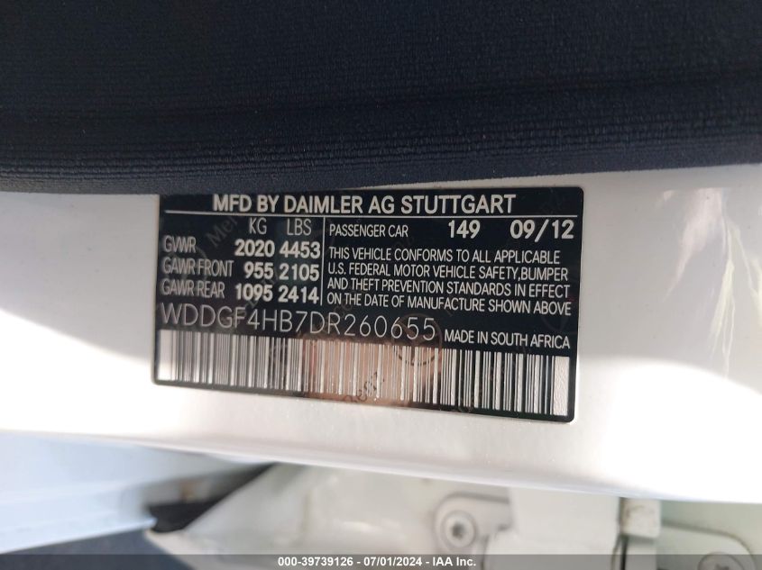 2013 Mercedes-Benz C 250 Luxury/Sport VIN: WDDGF4HB7DR260655 Lot: 39739126