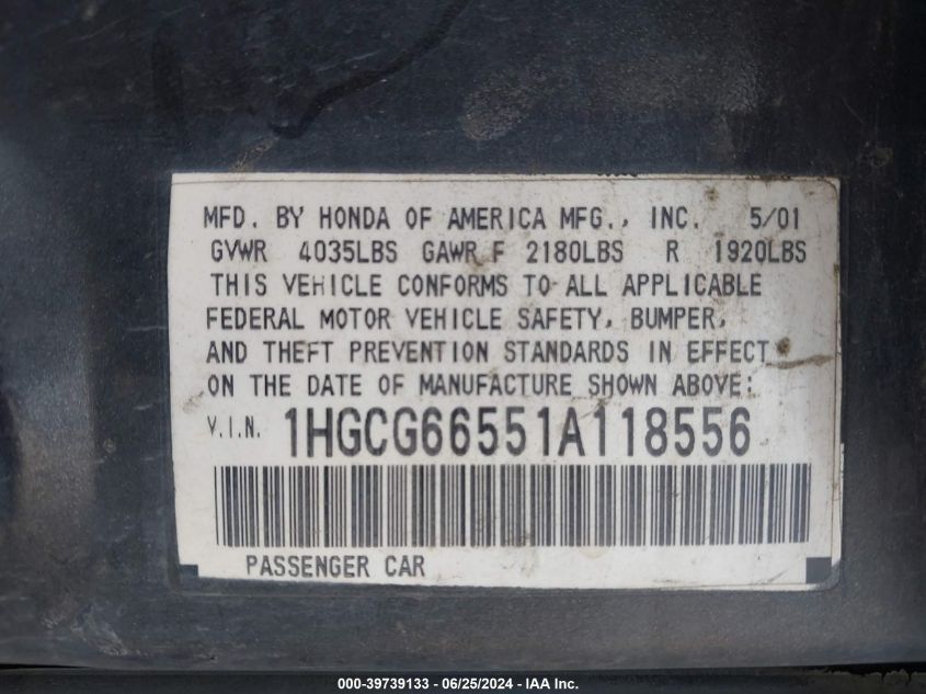 2001 Honda Accord 2.3 Lx VIN: 1HGCG66551A118556 Lot: 39739133