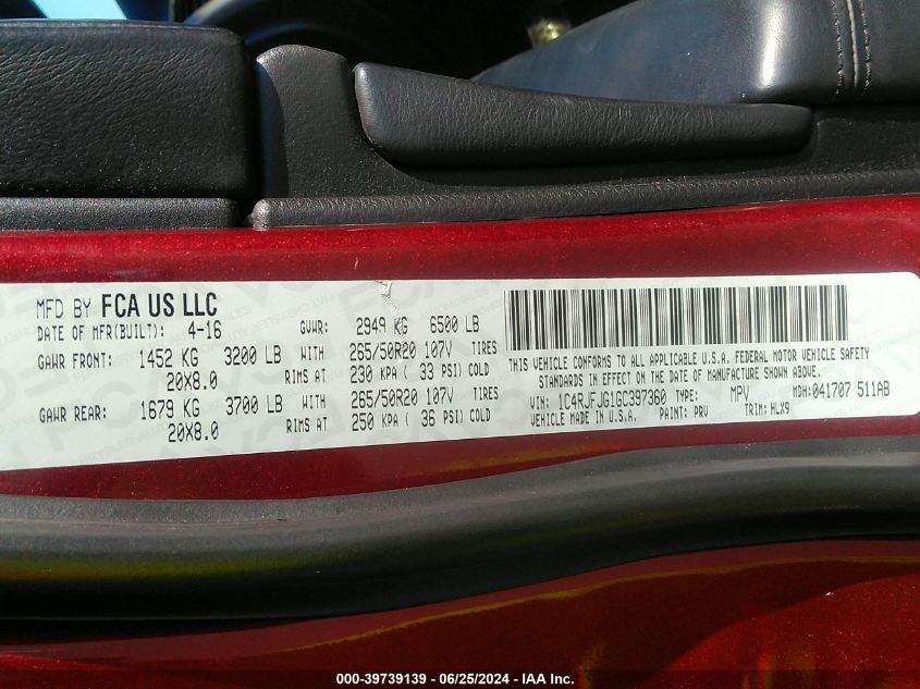 2016 Jeep Grand Cherokee VIN: 1C4RJFJG1GC397360 Lot: 39739139