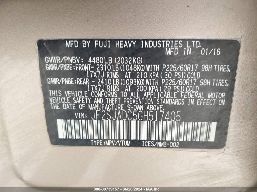 2016 Subaru Forester 2.5I Premium VIN: JF2SJADC5GH517405 Lot: 39739157