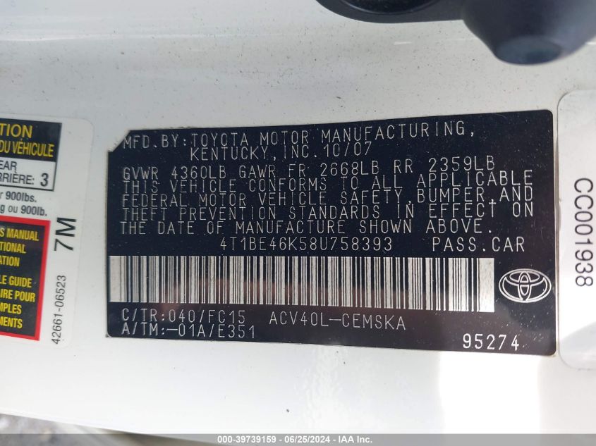 2008 Toyota Camry Se VIN: 4T1BE46K58U758393 Lot: 39739159