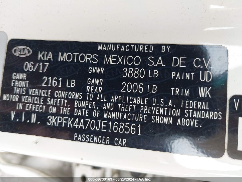 2018 Kia Forte Lx VIN: 3KPFK4A70JE168561 Lot: 39739169