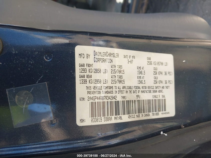 2007 Chrysler Town & Country Lx VIN: 2A4GP44R87R342042 Lot: 39739188